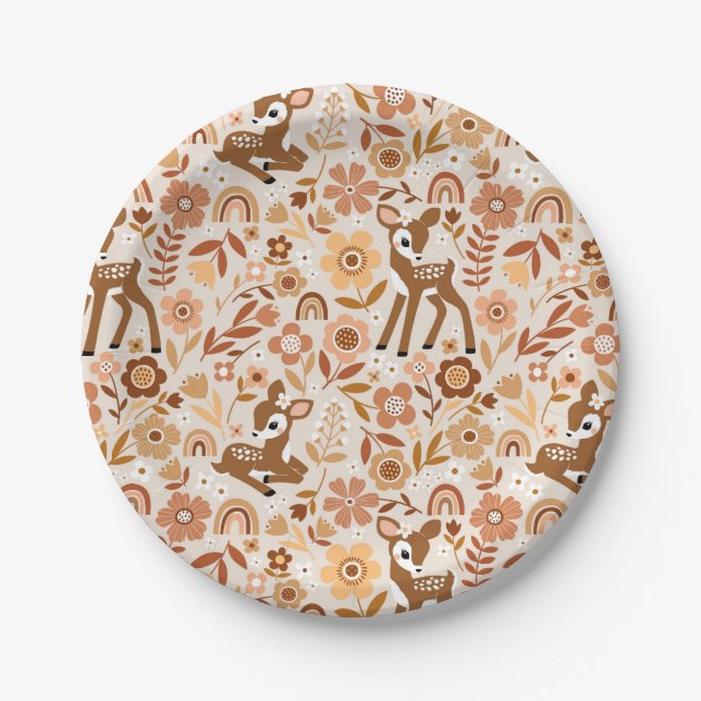 Niedliches Woodland Baby Deer Blumenmuster Pappteller (Vorderseite)