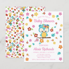 Niedliches Woodland Ewl & Blume Baby Girl Babydusc Einladung