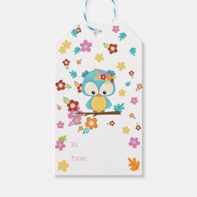 Niedliches Woodland Ewl & Blume Baby Girl Babydusc Geschenkanhänger (Vorderseite)