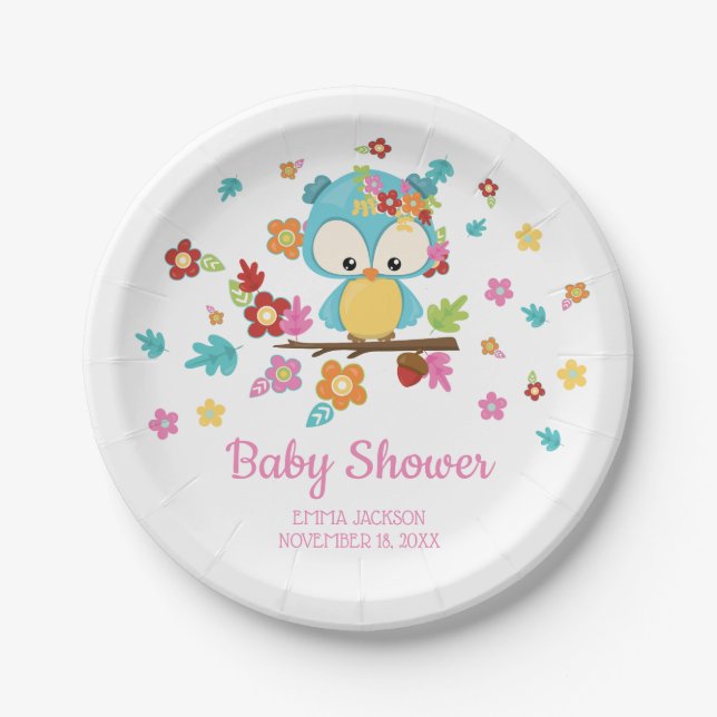 Niedliches Woodland Ewl & Blume Baby Girl Babydusc Pappteller (Vorderseite)