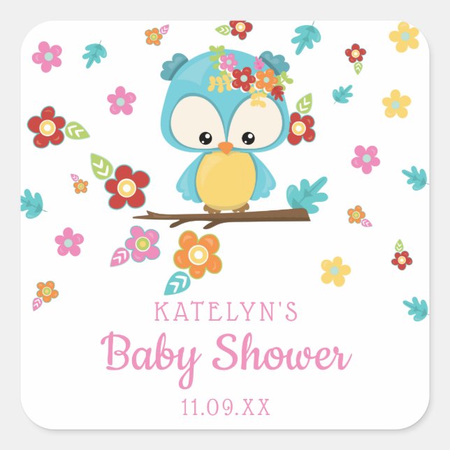 Niedliches Woodland Ewl & Blume Baby Girl Babydusc Quadratischer Aufkleber (Vorderseite)
