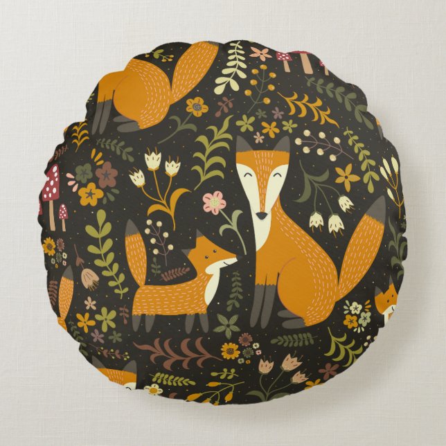 Niedliches Woodland Fox Muster Schlafzimmer oder K Rundes Kissen (Vorderseite)