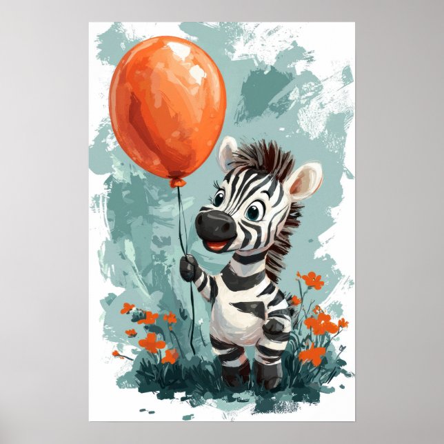 Niedliches Zebra mit Orange Balloon Whimsical Illu Poster (Vorne)