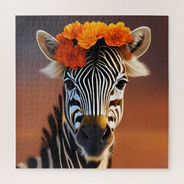 Niedliches Zebra mit orangefarbenen Blume (Vertikal)