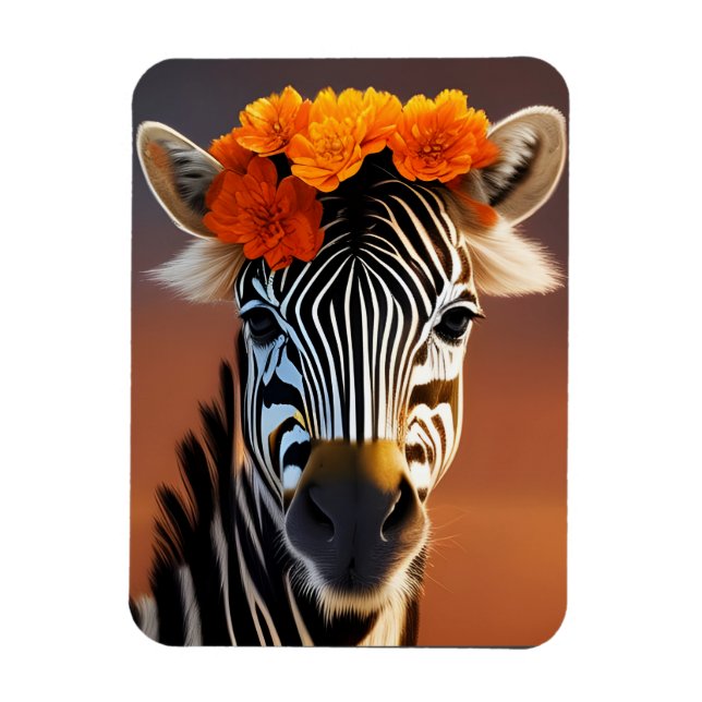 Niedliches Zebra mit orangefarbenen Blume Magnet (Vertikal)