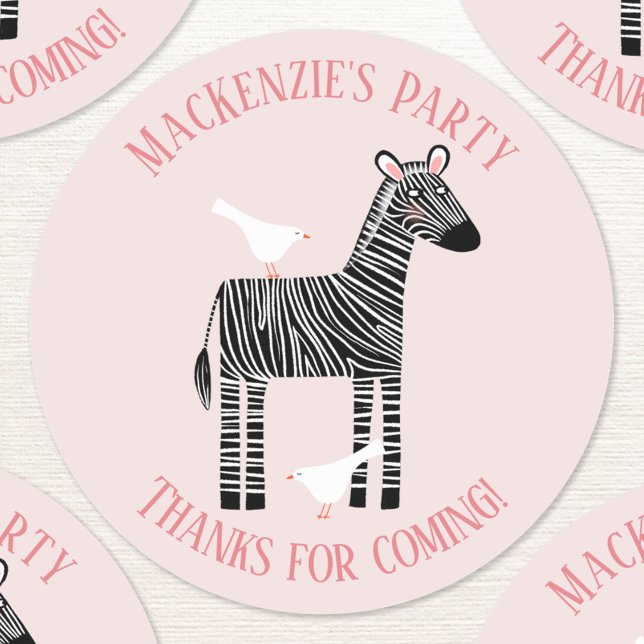 Niedliches Zebra Party Vielen Dank Runder Aufkleber (Fun pink zebra custom text personalized kids birthday party thank you sticker)