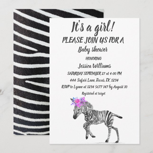 Niedliches Zebra Safari Jungle Mustertier Baby Gir Einladung (Vorne/Hinten)