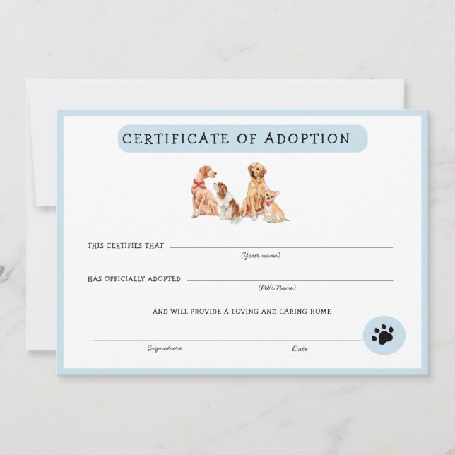 Niedliches Zertifikat für die Adoption von Welpen  (Vorderseite)