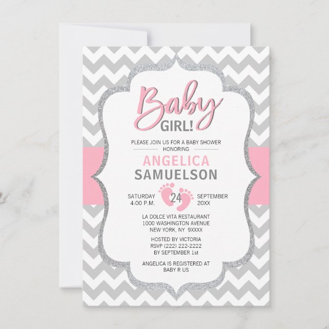 Niedliches Zickzack Pink-Gray-Feet-Babydusche Einladung (Vorderseite)