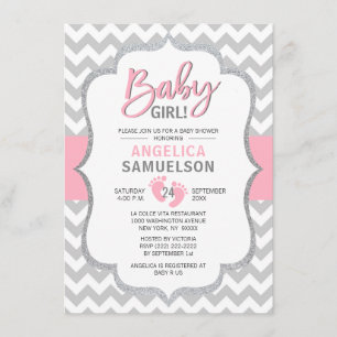 Niedliches Zickzack Pink-Gray-Feet-Babydusche Einladung