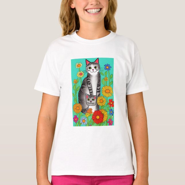 Niedliches Zitat von Whimsical Folk Art Cat and Ki T-Shirt (Vorderseite)