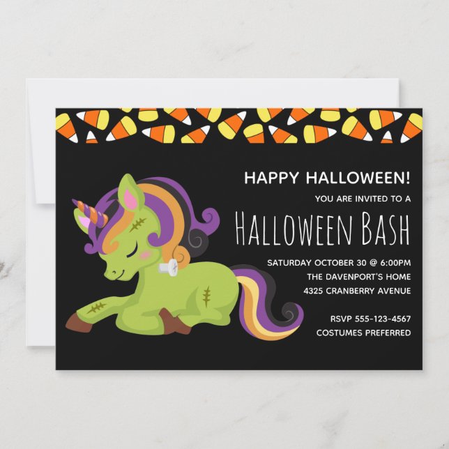 Niedliches Zombie Unicorn Halloween-Party Einladung (Vorderseite)