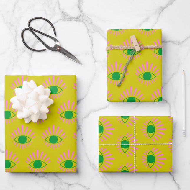 Niedliches, zwitschiges, mystisches Auge in Gelb-R Geschenkpapier Set (Vorderseite)
