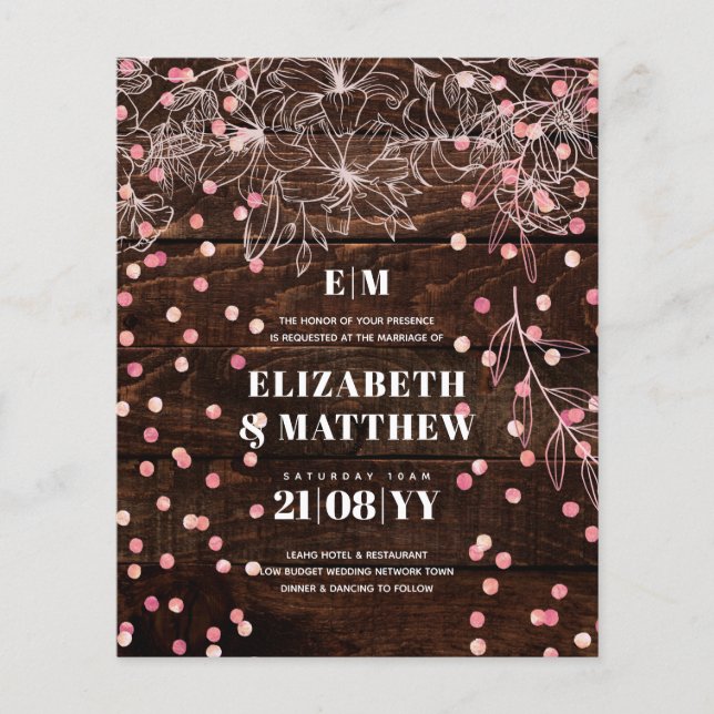 Niedrigste Budget Hochzeit FLYER Rustic Rosegold (Vorne)