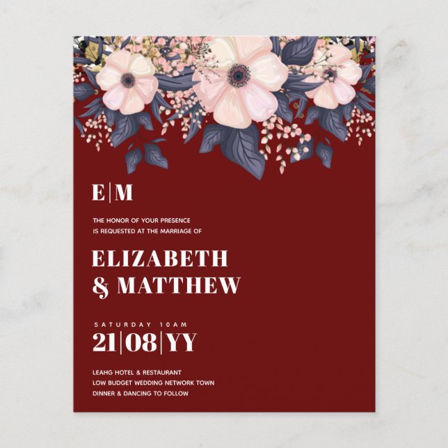 Niedrigste Budget Hochzeiten FLYER Pink Blue Flora (Vorne)