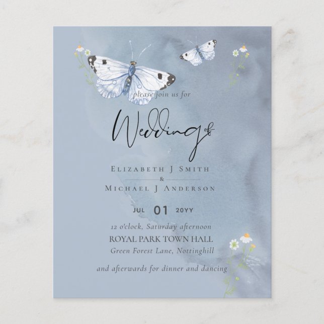 NIEDRIGSTE Butterflies Dusty Blue Wedding Flyer (Vorne)