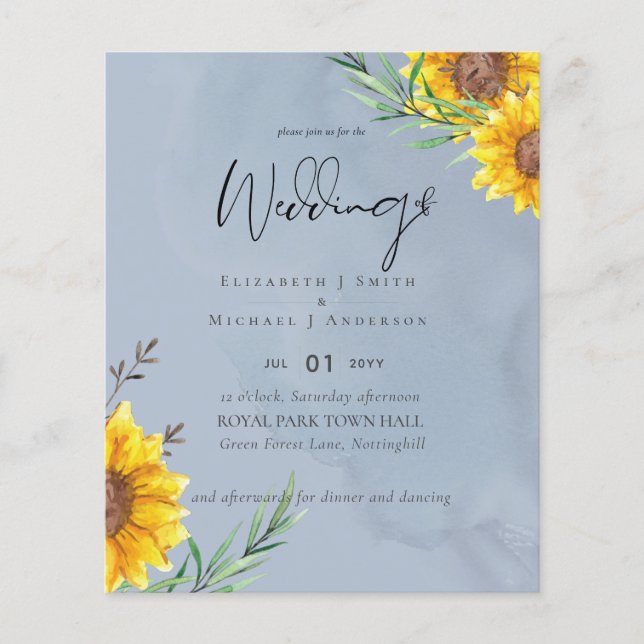 NIEDRIGSTE PREISE Sonnenblumen Dusty Blue Wedding Flyer (Vorne)