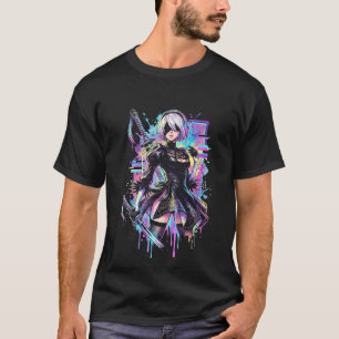 NieR Automata 2B Vaporwave CRT Glitch-Effekt-Kunst T-Shirt