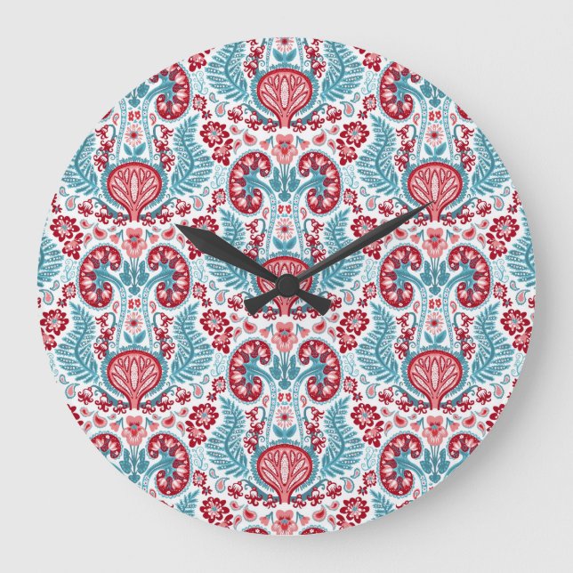 NierenDamast rot/Aquamarin Große Wanduhr (Vorderseite)
