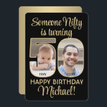 Nifty 50 Black & Gold 50. Geburtstag Party Foto Einladung<br><div class="desc">Jemand nifty wird 50! Laden Sie Familie und Freunde zu einem eleganten 50. Geburtstagsfest für ihn oder sie mit maßgeschneiderten 2 Foto Party Einladungen ein. Bilder und alle Texte auf dieser Vorlage sind einfach zu personalisieren. (IMAGE PLACEMENT TIP: Eine einfache Möglichkeit, ein Foto genau so zu zentrieren, wie Sie gewollt...</div>