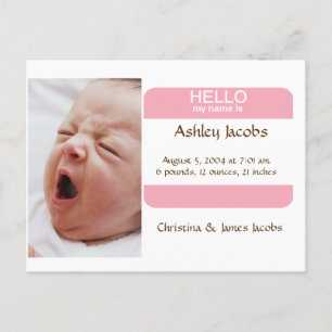 Nifty Nametag Geburtsankündigung für Mädchen Ankündigungspostkarte