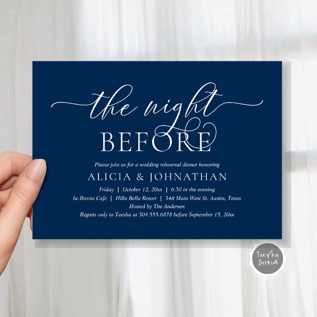 Night Before, Navy Blue, Probe Dinner Einladung (The Night Before, Navy Blue, Rehearsal Dinner Invitation Card, Printed and Digital File.)