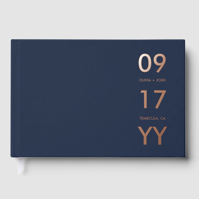 Night Blue Foil Modern Wedding Date Typografie Gästebuch (Vorderseite)