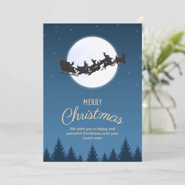 Night Blue Simple Santa Claus Sled Frohe Weihnacht Einladung (Stehend Vorderseite)