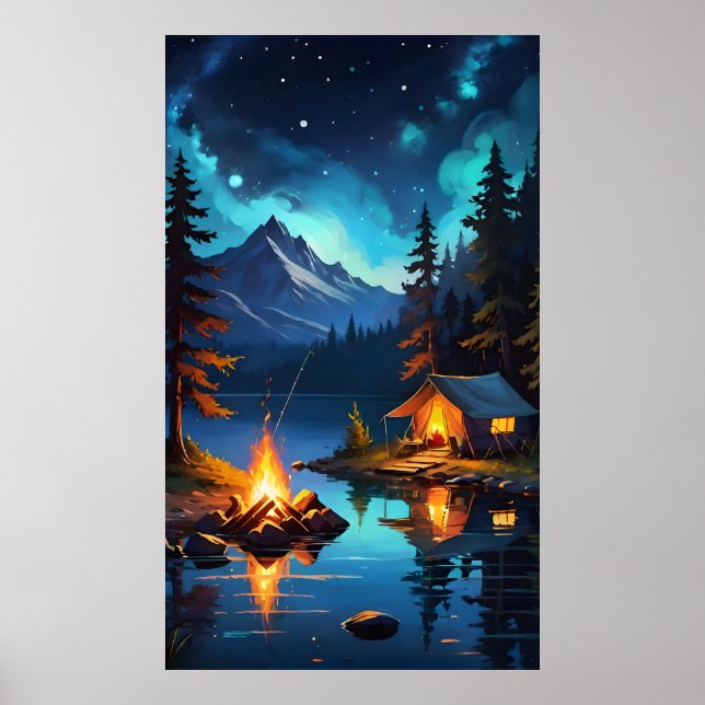 Night Campfire and Mountain View Poster (Vorne)