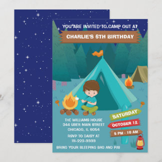 Night Camping Geburtstagsparty Brown Hair Boy Invi Einladung