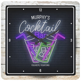Night Club Imitate Neonisch Personalisiert Cocktai Quadratische Wanduhr