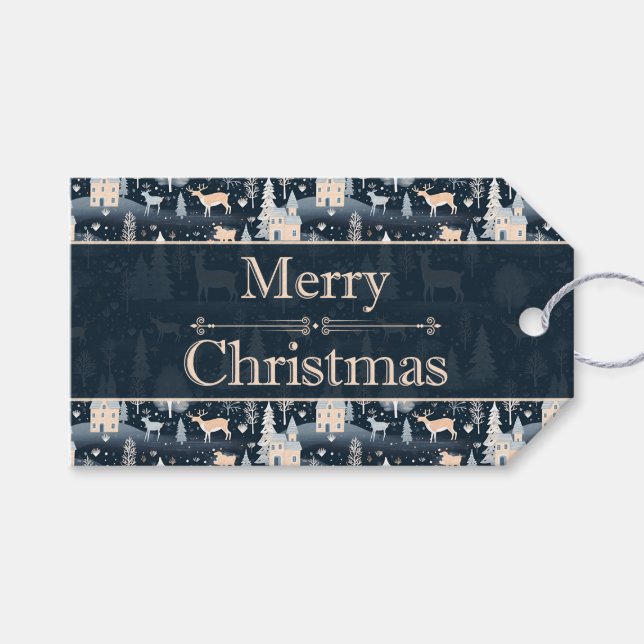 Night Forest Winter Village Geschenkanhänger (Vorderseite (Horizontal))