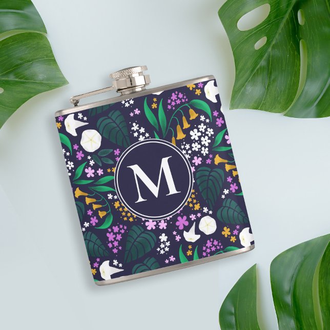 Night Moon Garden Floral Botanisches Muster Flachmann (Moon Garden Monogram Flask)