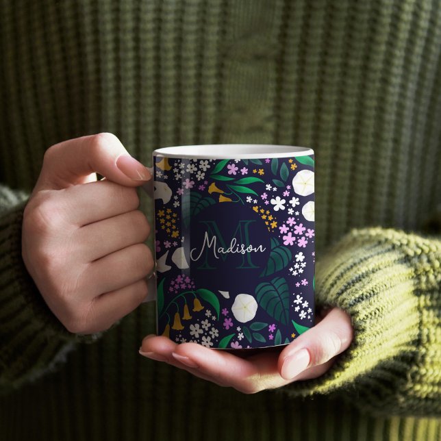 Night Moon Garden Floral Botanisches Muster Kaffeetasse (Moon Garden Monogram Mug)