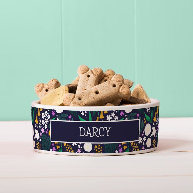 Night Moon Garden Floral Botanisches Muster Napf (Moon Garden Dog Bowl with Nameplate)