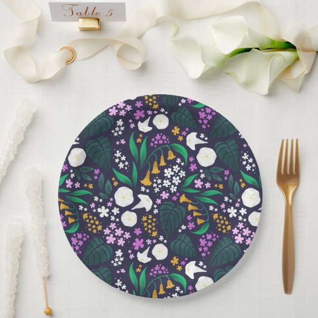 Night Moon Garden Floral Botanisches Muster Pappteller (Hochzeit)