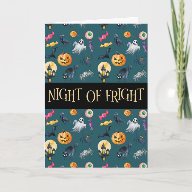 "Night of Fright" Green Halloween Muster Karte (Vorderseite)