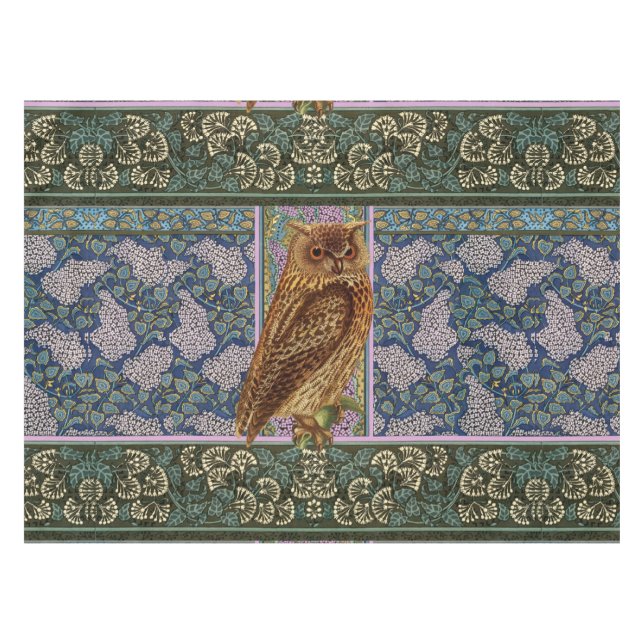 NIGHT OWL, LILACS, BLÄTTER Art Nouveau Dark Floral Tischdecke (Vorderseite (Horizontal))