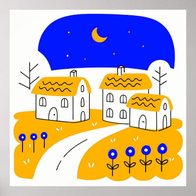 Night Scene of a Small Village Landscape Poster (Vorne)