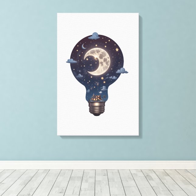 Night Sky and Cottage Inside a Lightbulb Leinwanddruck (Insitu (Holzboden))