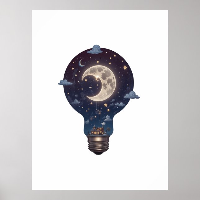 Night Sky and Cottage Inside a Lightbulb Poster (Vorne)