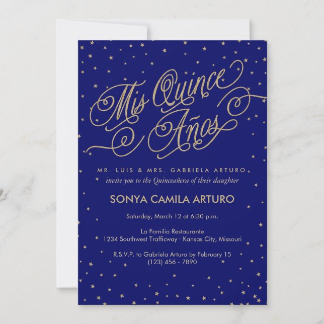 Night Sky Gold Stars & Navy Quinceñera Einladung (Vorderseite)