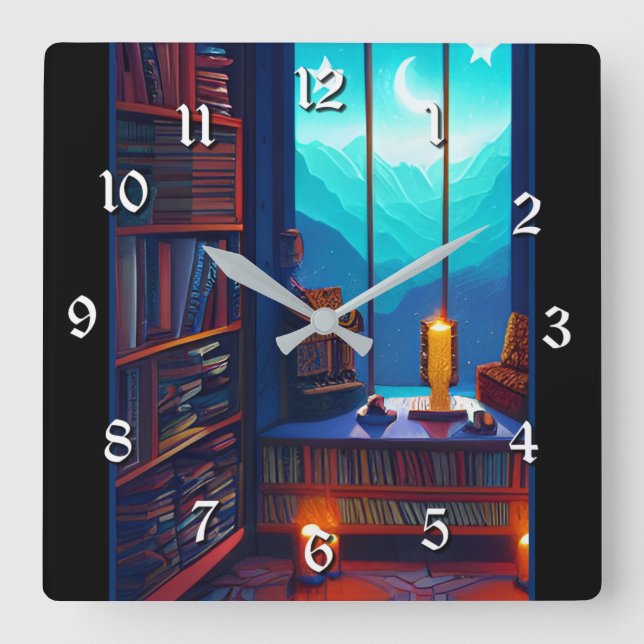 Night Sky Library Quadratische Wanduhr (Vorderseite)