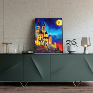 Night Sky Over Castle Painting Poster