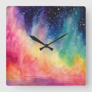 Night Sky Rainbow Abstrakte Aquarellbilder Quadratische Wanduhr