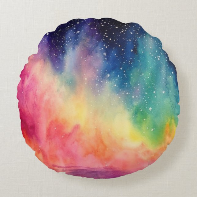 Night Sky Rainbow Abstrakte Aquarellbilder Rundes Kissen (Vorderseite)