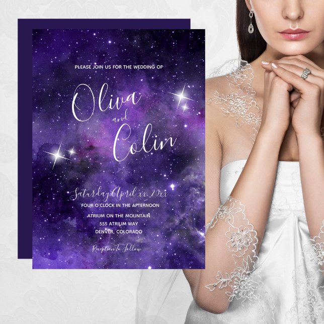 Night Sky Starlight Lila Wedding Einladung (Star Light Purple White Wedding Invitation)