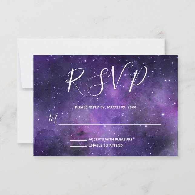 Night Sky Starlight Lila Wedding RSVP Karte (Vorderseite)