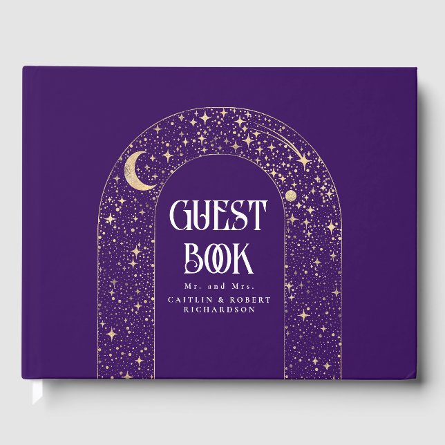 Night Sky Stars Celestial Lila Wedding Gästebuch (Vorderseite)