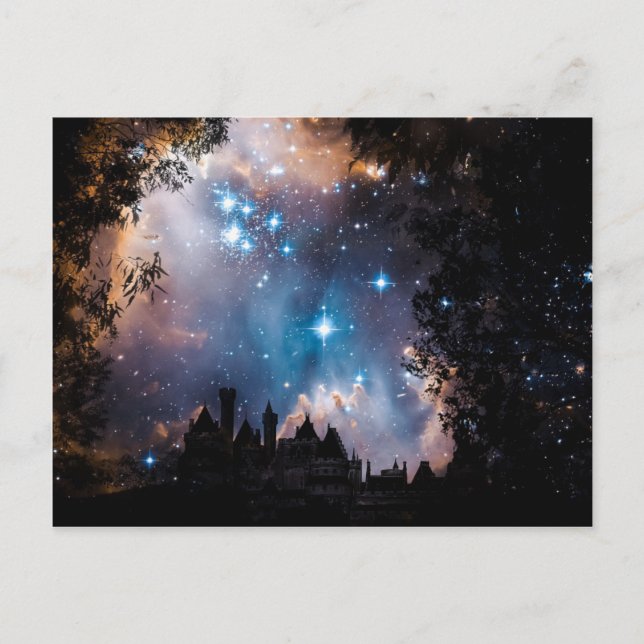 Night Sky Stars Tree Castle Postkarte (Vorderseite)